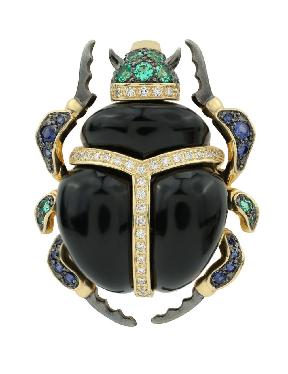 Подвеска из лимонного золота c бриллиантами, сапфиром, изумрудом, ониксом и изумрудом