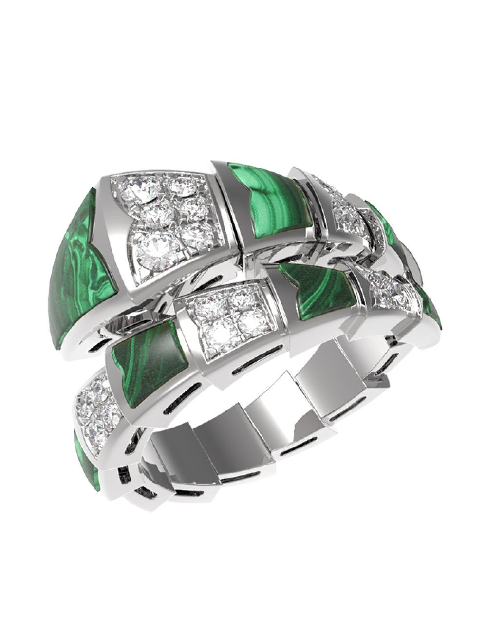 Кольцо из белого золота c бриллиантами и малахитом