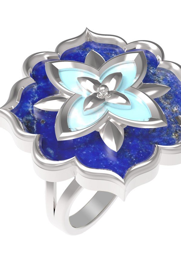Кольцо из белого золота c бирюзой и лазуритом