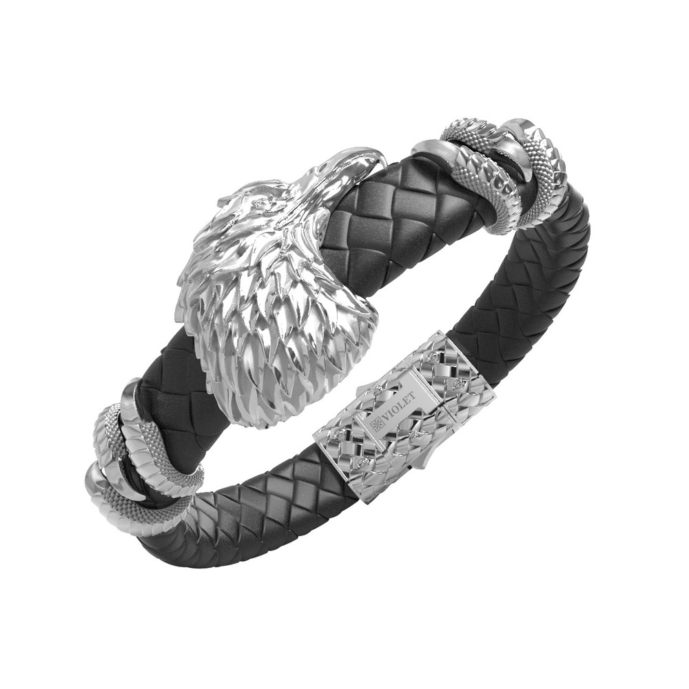 Браслет из белого золота 585 пробы c бриллиантами и кожаным шнурком