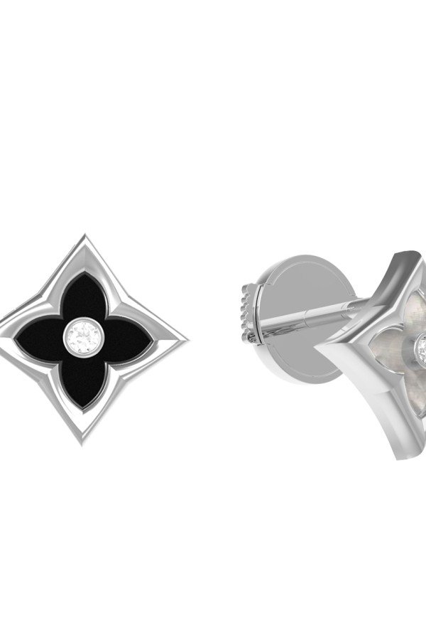 Серьги из белого золота c бриллиантами, ониксом и перламутром