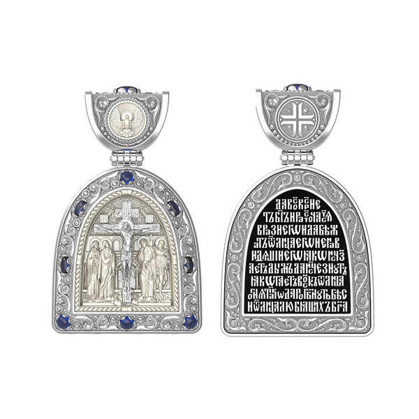 Нательная икона из белого золота 585 пробы c эмалью, сапфиром и бивнем мамонта