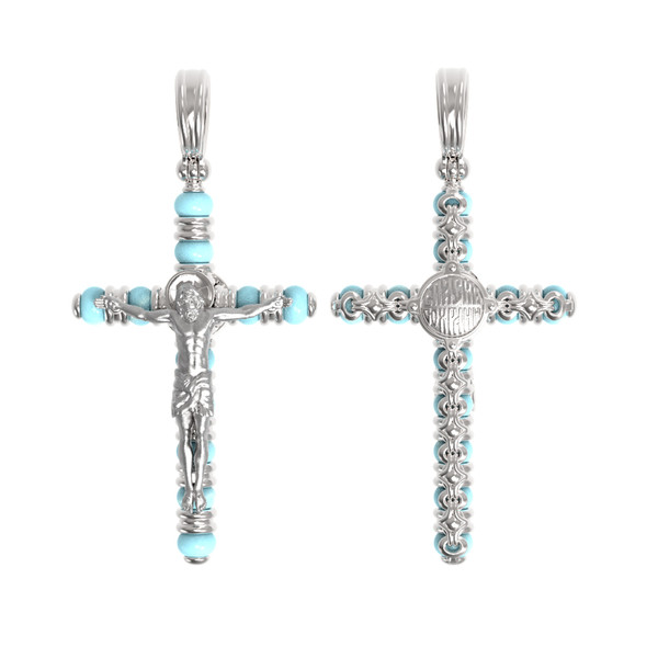 Крест из белого золота 585 пробы c бирюзой
