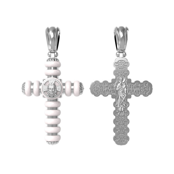 Крест из белого золота 585 пробы c кахолонгом