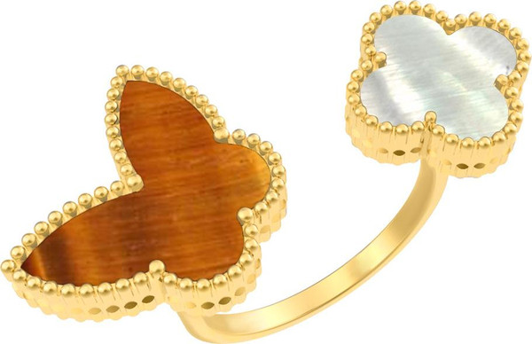 Кольцо из лимонного золота 585 пробы c тигровым глазом и перламутром