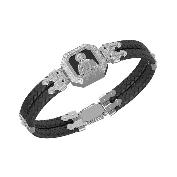 Браслет из белого золота 585 пробы c шнурком и ониксом