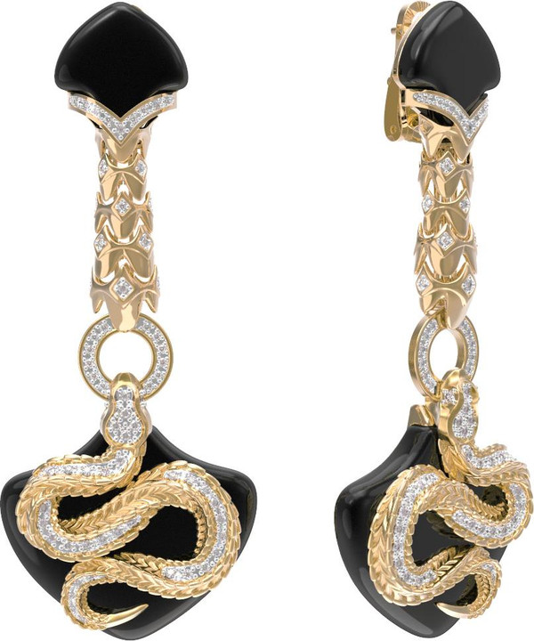 Серьги из лимонного золота 585 пробы c бриллиантами и ониксом