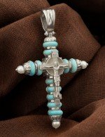 Крест из белого золота c жемчугом и бирюзой