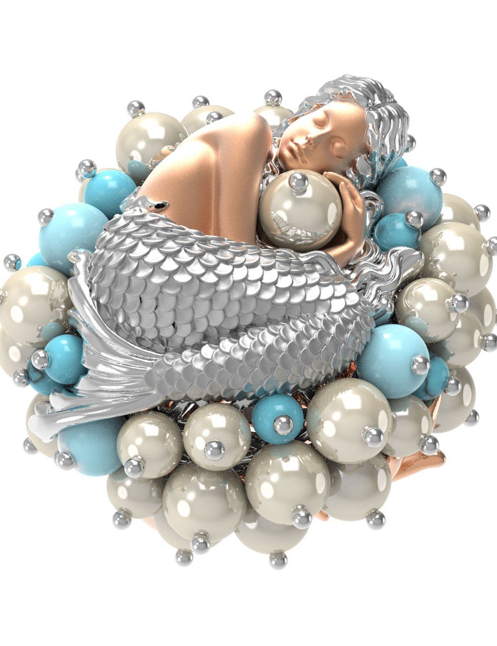 Кольцо из золота c жемчугом и бирюзой