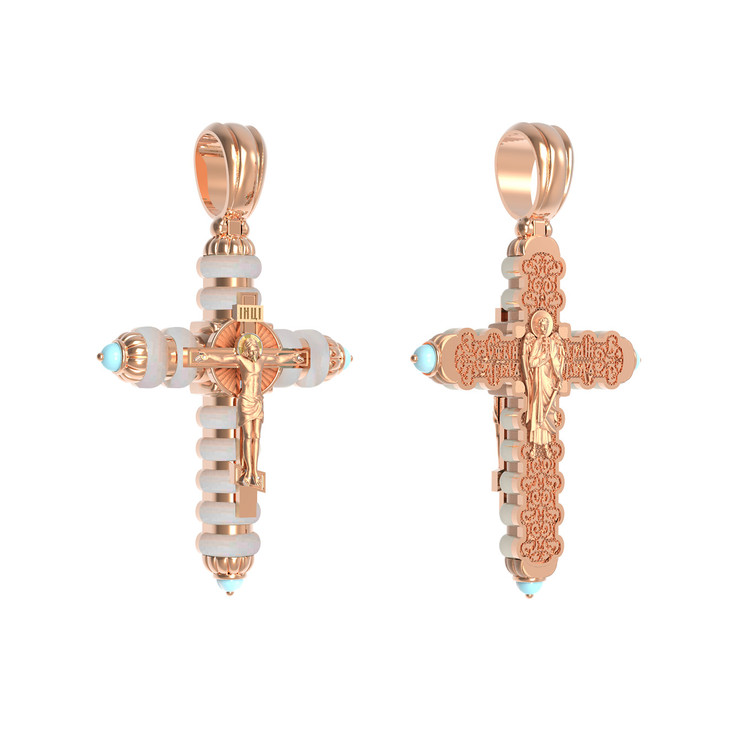 Крест из красного золота 585 пробы c бирюзой и кахолонгом