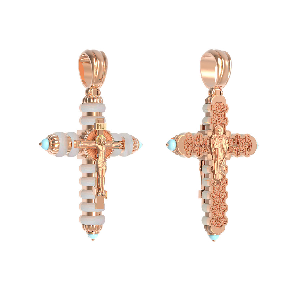 Крест из красного золота 585 пробы c бирюзой и кахолонгом