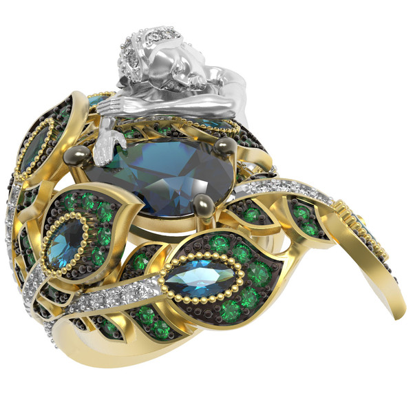 Кольцо из лимонного золота 585 пробы c фианитом, топазом London Blue и топазом London