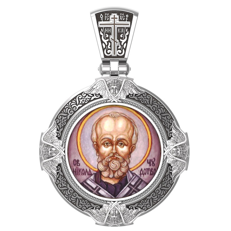 Нательная икона из белого золота 585 пробы c эмалью, иконописью и темперой