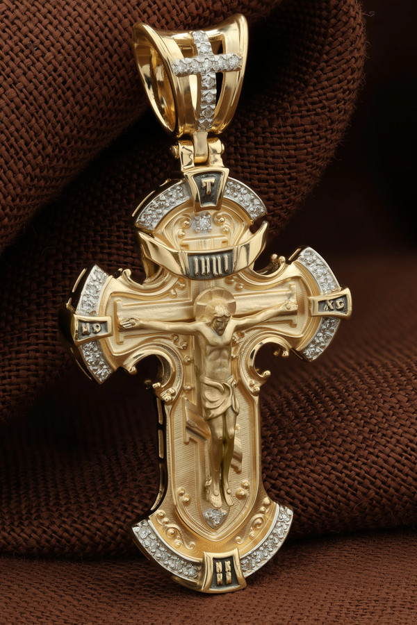 Крест из лимонного золота 585 пробы c бриллиантами