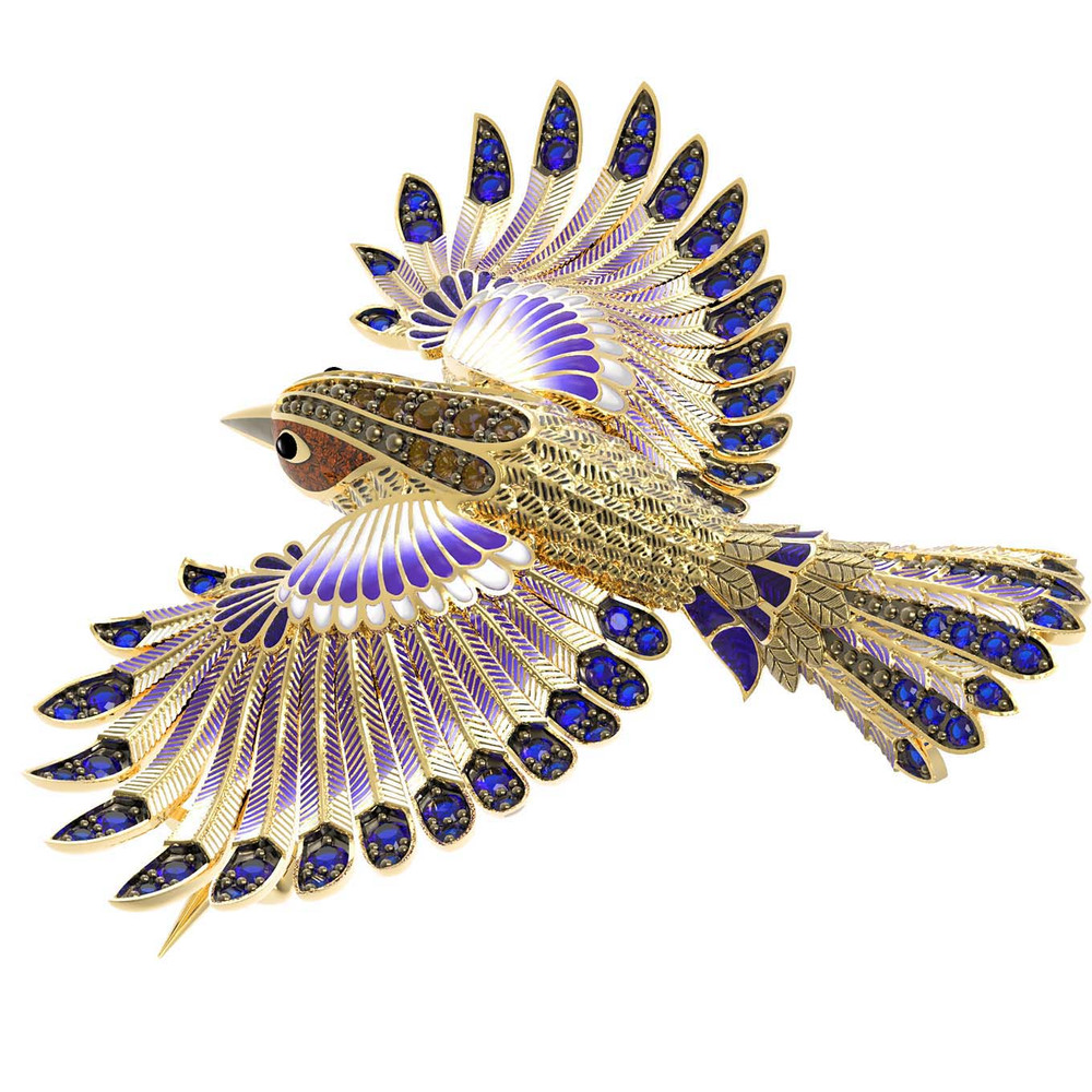 Брошь из лимонного золота 585 пробы c эмалью и фианитом