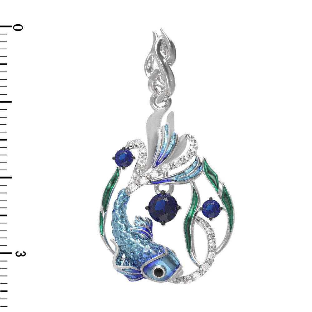 Подвеска из белого золота 585 пробы c эмалью, фианитом и сапфиром