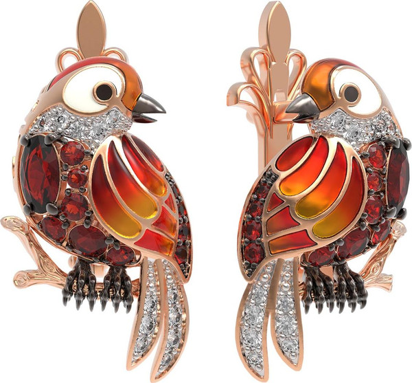 Серьги из красного золота 585 пробы c эмалью, фианитом и гранатом