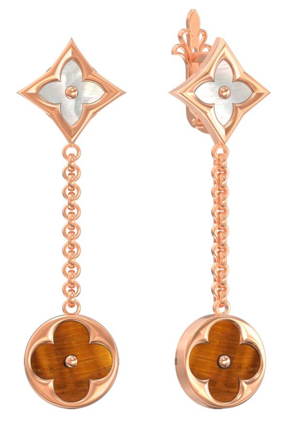 Серьги из золота c тигровым глазом и перламутром