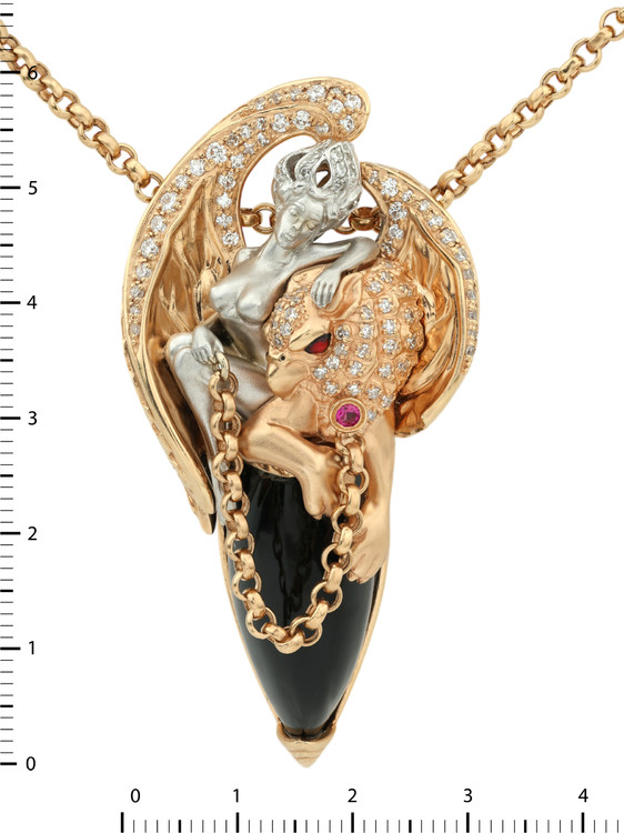 Колье из красного золота 585 пробы c эмалью, бриллиантами, рубином, ониксом и рубином