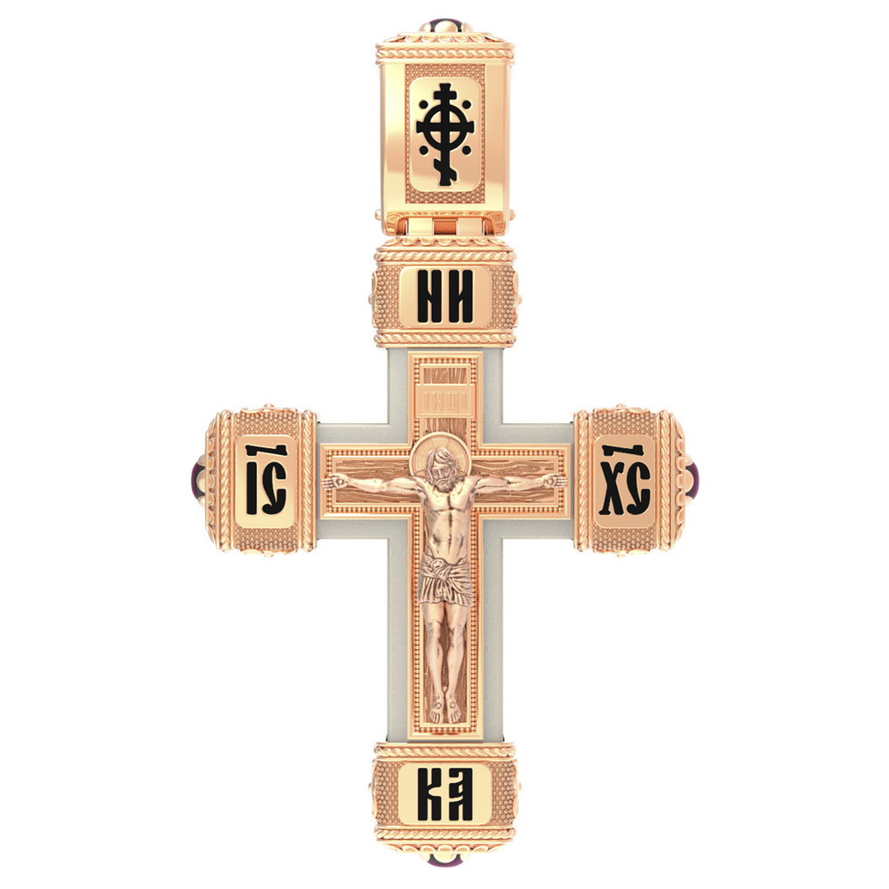 Крест из красного золота 585 пробы c эмалью, рубином и бивнем мамонта