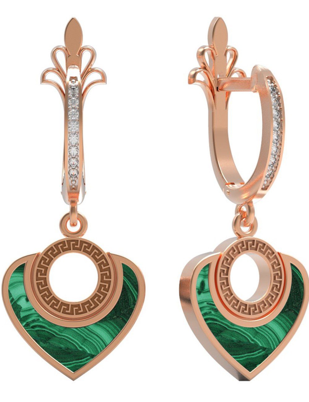 Серьги из золота c фианитом и малахитом