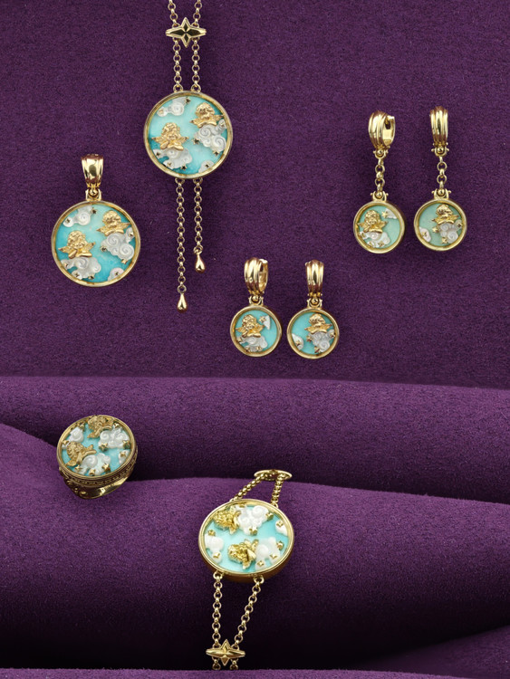 Колье из лимонного золота 585 пробы c бирюзой и перламутром