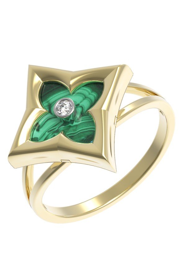 Кольцо из лимонного золота c бриллиантами и малахитом
