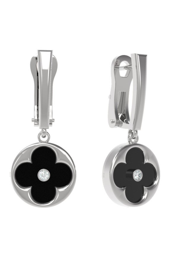 Серьги из белого золота c бриллиантами и ониксом