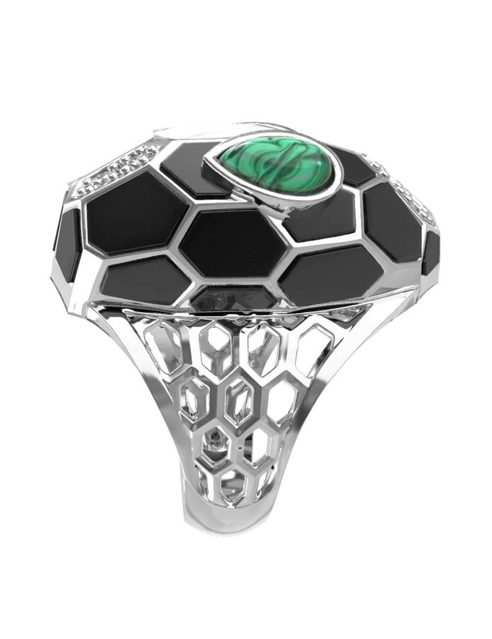 Кольцо из белого золота c бриллиантами, рубином, ониксом, малахитом и перламутром