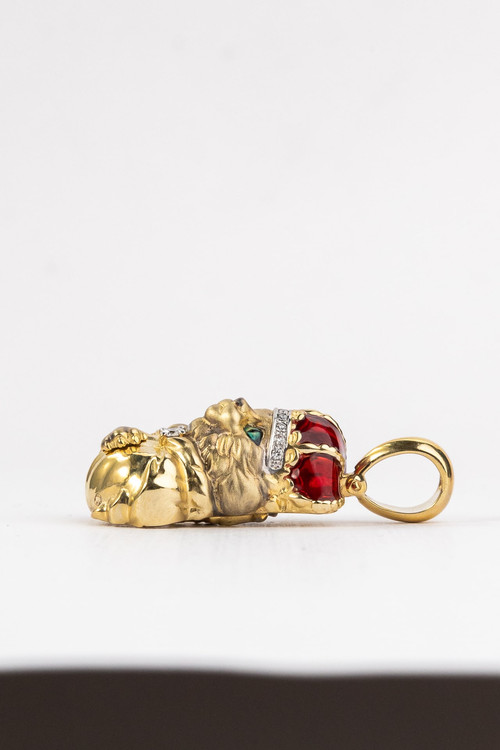 Подвеска из лимонного золота 585 пробы c эмалью, бриллиантами и рубином