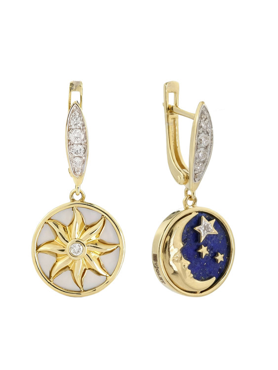 Серьги из лимонного золота 585 пробы c бриллиантами, лазуритом и перламутром