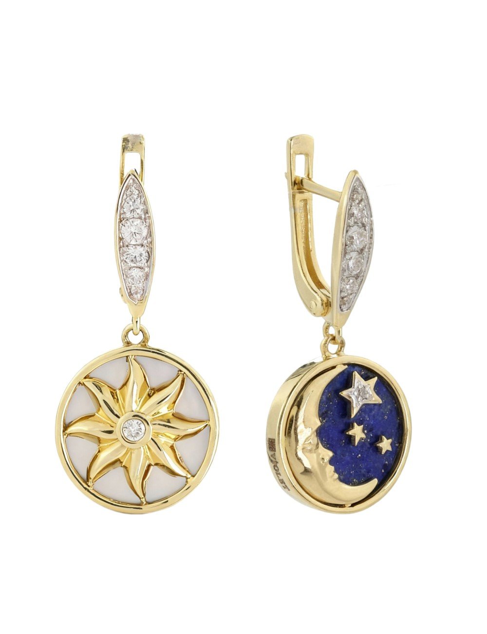 Серьги из лимонного золота c бриллиантами, лазуритом и перламутром