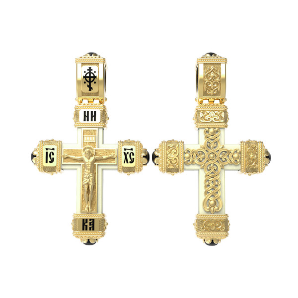 Крест из лимонного золота 585 пробы c эмалью, ониксом и бивнем мамонта