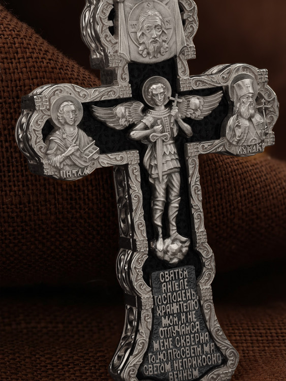 Крест из белого золота 585 пробы c эбеновым деревом