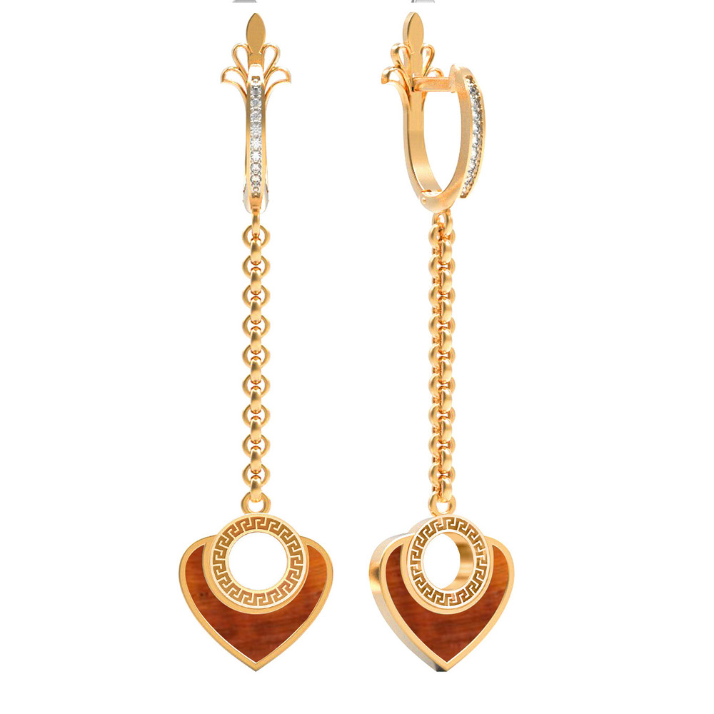 Серьги из красного золота 585 пробы c фианитом и тигровым глазом