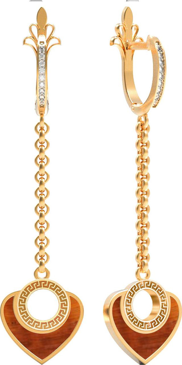 Серьги из красного золота 585 пробы c фианитом и тигровым глазом