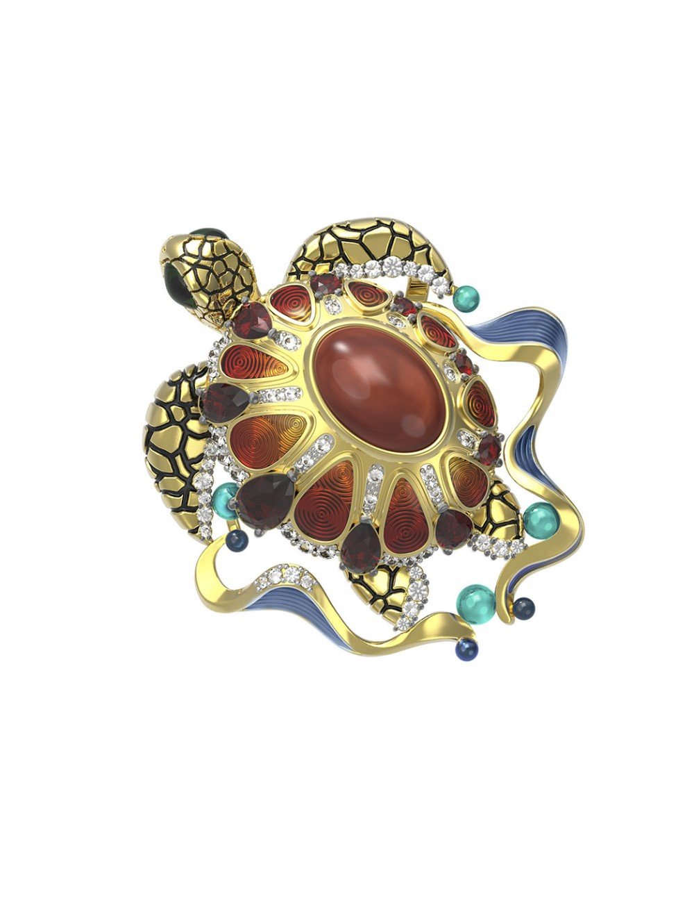 Подвеска из лимонного золота c эмалью, фианитом, гранатом и янтарём