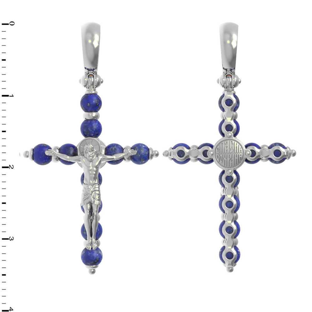 Крест из белого золота 585 пробы c лазуритом