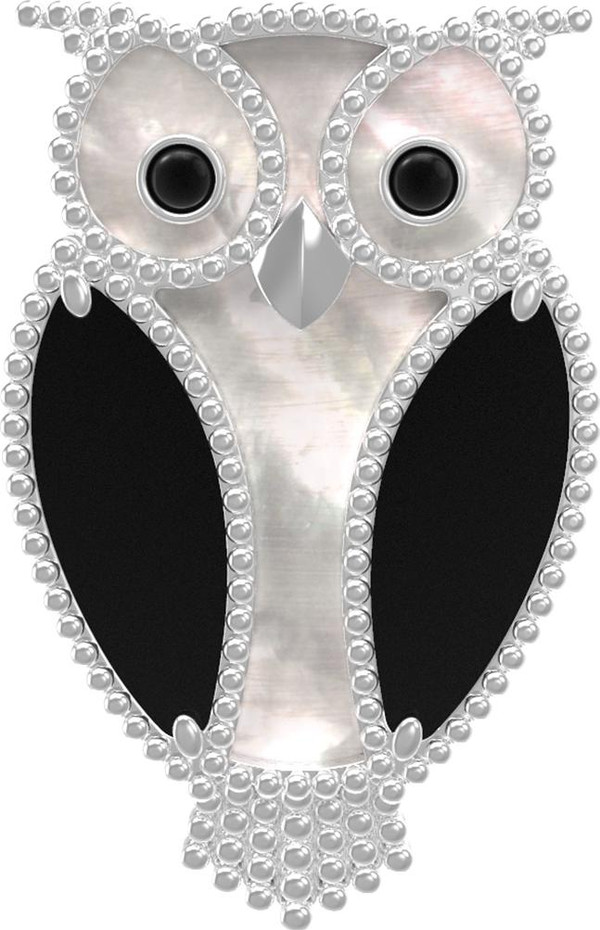 Брошь-подвеска из белого золота 585 пробы c эмалью, ониксом и перламутром