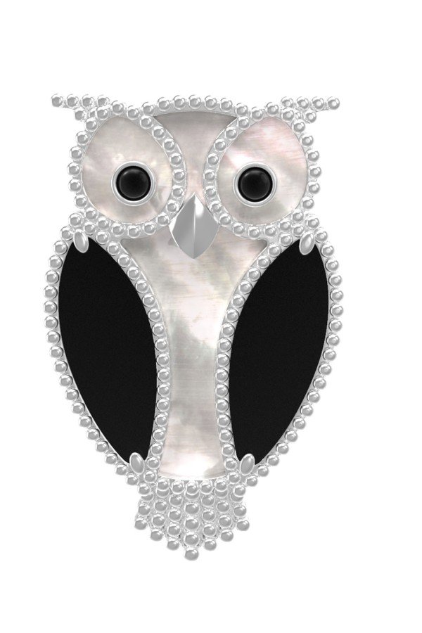 Брошь из белого золота c эмалью, ониксом и перламутром