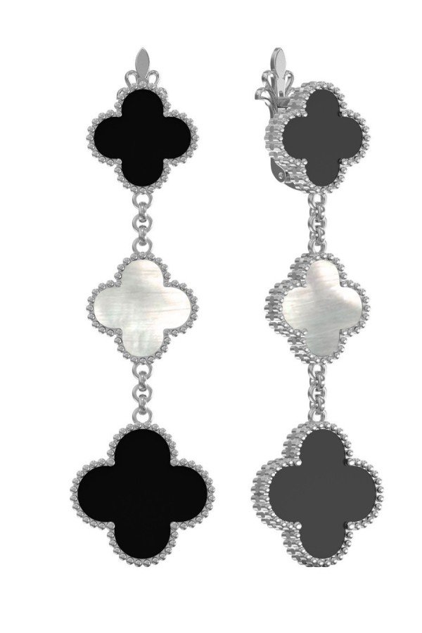 Серьги из белого золота c ониксом и перламутром