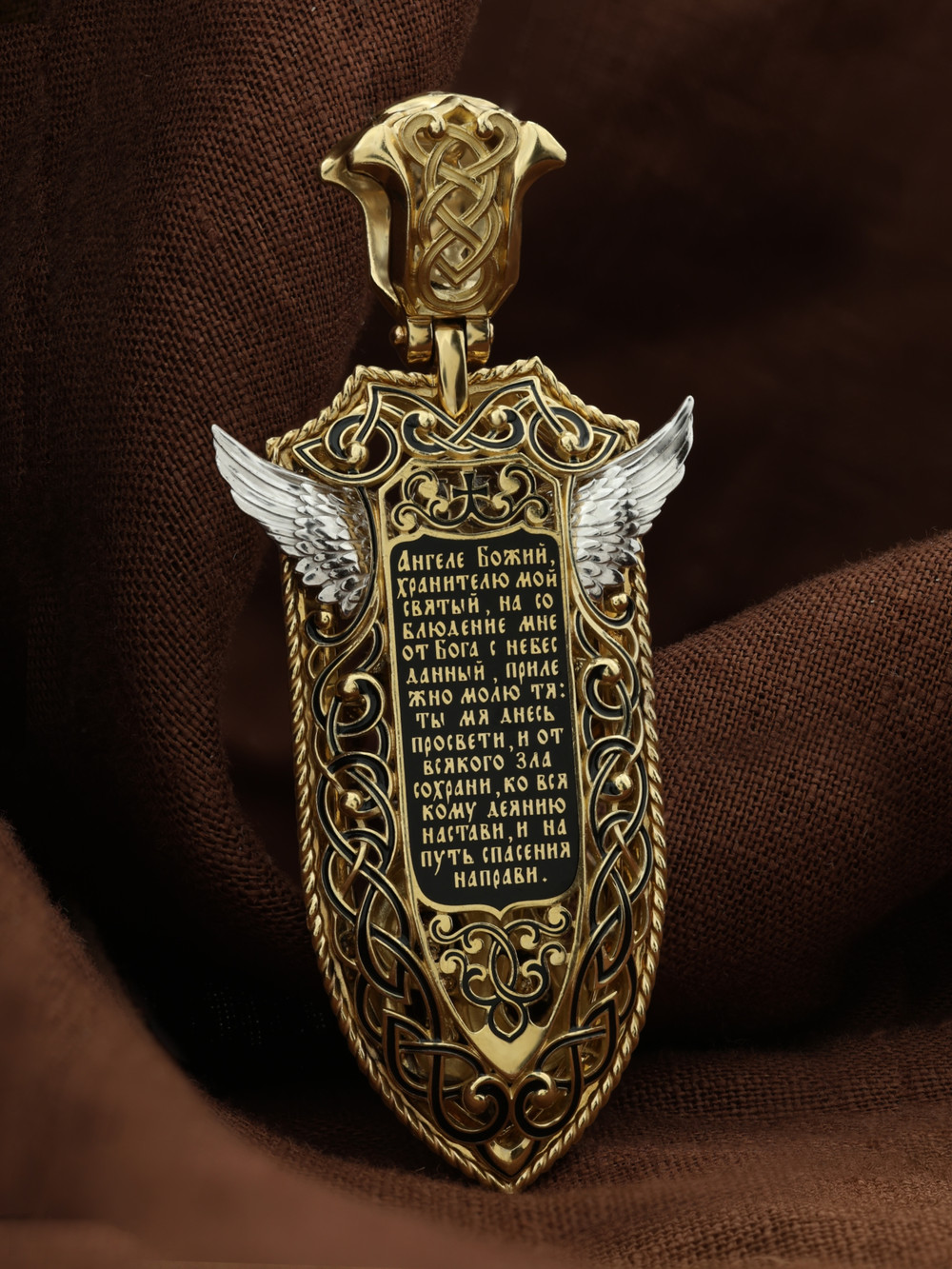 Нательная икона из лимонного золота 585 пробы c эмалью и бивнем мамонта