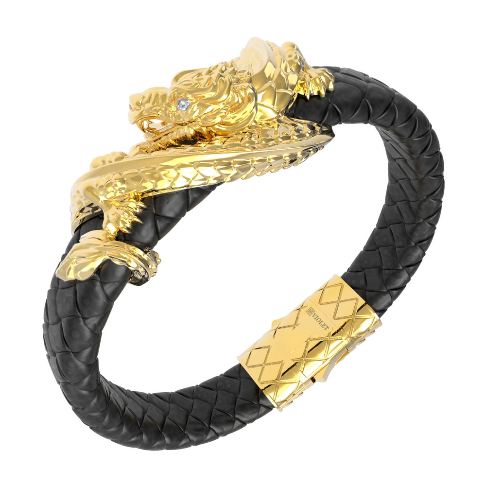 Браслет из лимонного золота 585 пробы c бриллиантами и кожаным шнурком