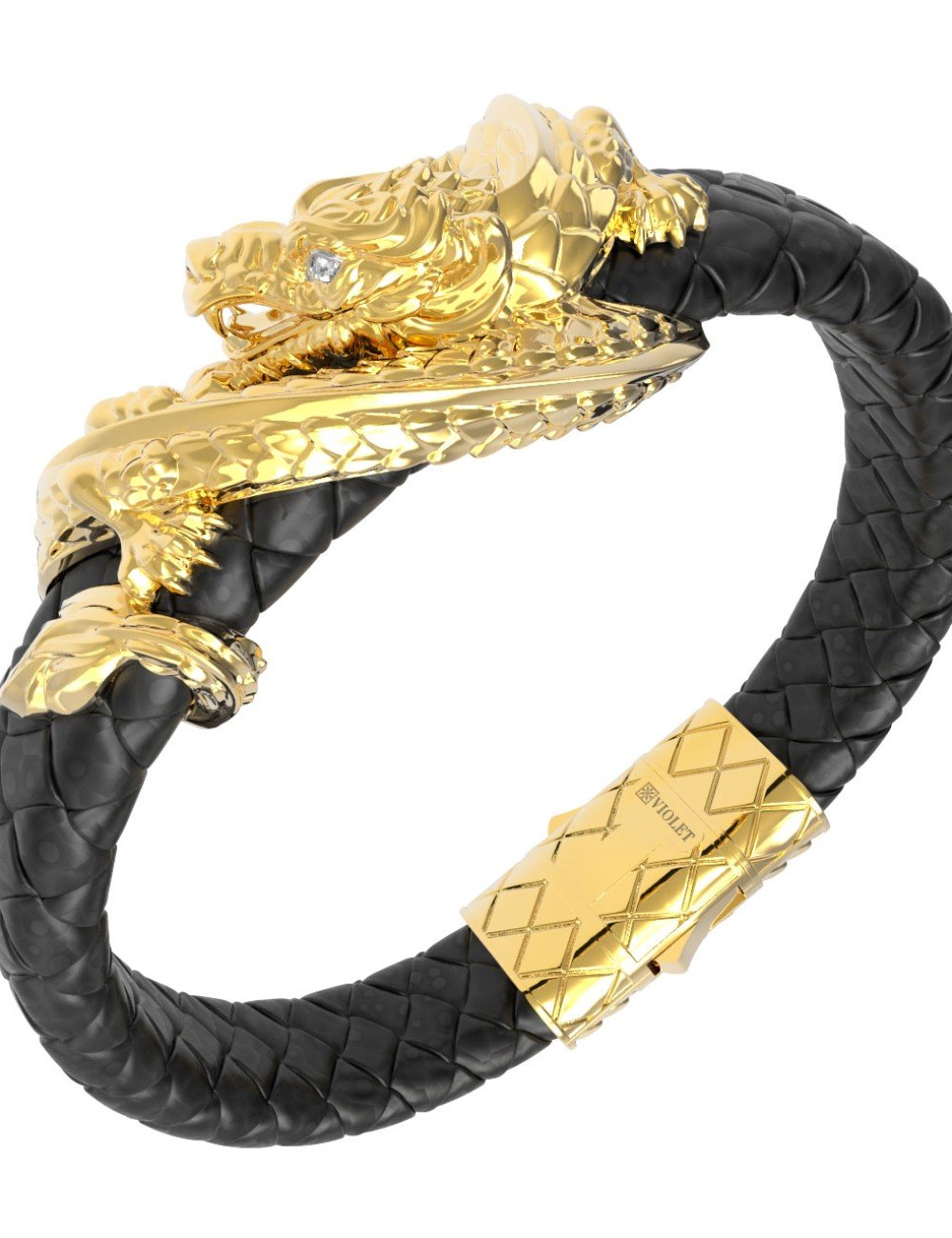 Браслет из лимонного золота c бриллиантами и кожаным шнурком