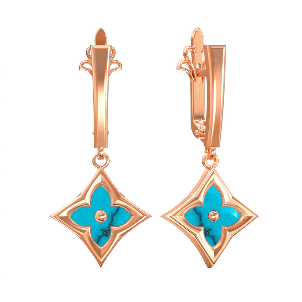 Серьги из красного золота 585 пробы c бирюзой