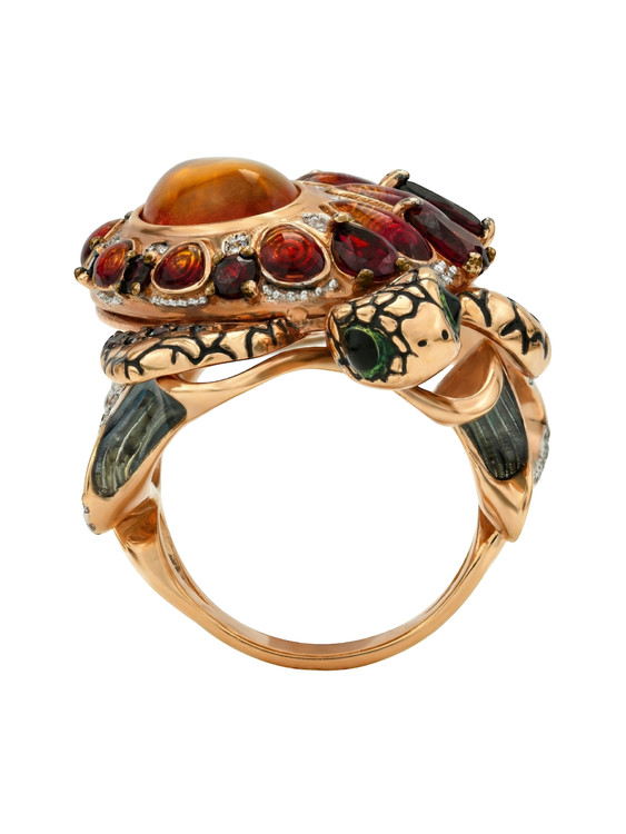 Кольцо из красного золота 585 пробы c эмалью, фианитом, гранатом и янтарём