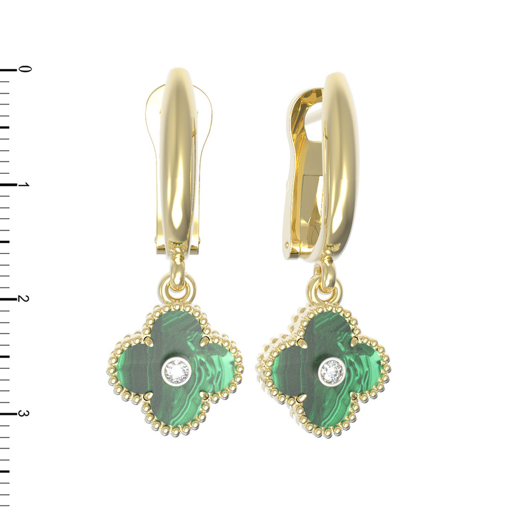 Серьги из лимонного золота 585 пробы c бриллиантами и малахитом