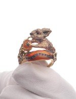 Кольцо из лимонного золота c эмалью, гранатом и янтарём