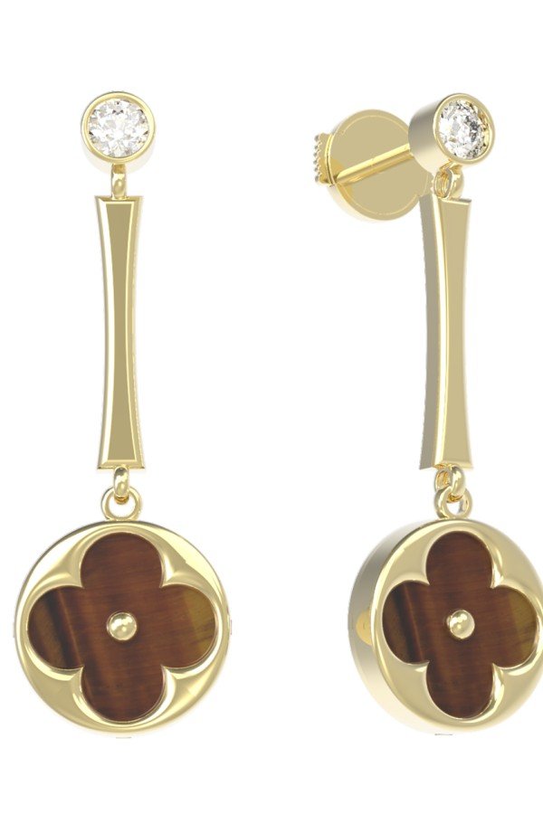 Серьги из лимонного золота c фианитом и тигровым глазом