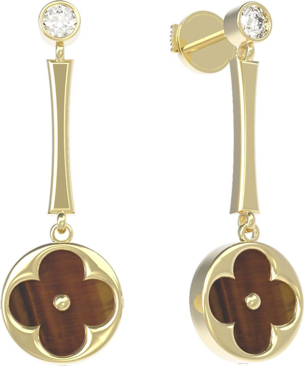 Серьги из лимонного золота 585 пробы c фианитом и тигровым глазом